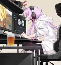  ahoge animal_ears animal_hood black_socks cable chair computer computer_keyboard computer_mouse computer_tower discord explosion female from_side gaming_chair glass hair_tie headgear headphones highres hood hoodie indian_style indoors monitor nandemo_iu_koto_wo_kiite_kureru_akane-chan_(voiceroid) open_mouth playing_games purple_eyes purple_hair rabbit_ears rabbit_hood short_hair_with_long_locks sidelocks sitting smile socks solo sunglasses sweat swivel_chair toromera touhoku_kiritan v-shaped_eyebrows vocaloid voiceroid white_hoodie yuzuki_yukari 