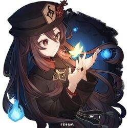  artist_name black_hat brown_eyes brown_hair brown_nails bug butterfly chinese_clothes commentary female flower flower-shaped_pupils genshin_impact hat hat_flower hitodama hu_tao_(genshin_impact) jewelry long_hair long_sleeves looking_at_animal multiple_rings nail_polish red_flower ring rktsm solo symbol-shaped_pupils thumb_ring twintails upper_body very_long_hair wristband yellow_butterfly 