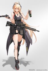  absurdres alternate_costume artist_name assault_rifle asymmetrical_footwear black_dress black_footwear blonde_hair breasts character_name cleavage collarbone dated dress explosive fangs female full_body girls&#039;_frontline glock grenade gun handgun headphones highres holding holding_gun holding_weapon jewelry legs long_hair looking_at_viewer m4_carbine m4_sopmod_ii m4_sopmod_ii_(girls&#039;_frontline) mechanical_legs medallion medium_breasts multicolored_hair nail_polish necklace open_mouth pink_nails red_eyes rifle shadow single_mechanical_leg smile solo ss-7 standing streaked_hair very_long_hair weapon white_background 