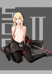  absurdres arms_behind_back bare_shoulders black_jacket black_pantyhose black_skirt blonde_hair breasts character_name clothes_pull collarbone cursor female full_body girls&#039;_frontline hair_over_breasts headphones highres jacket jacket_pull long_hair looking_at_viewer m4_sopmod_ii_(girls&#039;_frontline) medium_breasts multicolored_hair on_floor open_clothes open_jacket open_mouth pantyhose red_eyes simple_background skirt smile solo ss-7 streaked_hair topless 