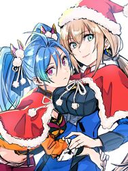  2girls az_sainklaus blonde_hair blue_dress capelet christmas dress earrings green_eyes hairband hat highres jewelry long_hair low_twintails military military_uniform mitsuba_greyvalley multiple_girls neck_ribbon necktie nonaka_nono pink_eyes red_necktie red_ribbon ribbon santa_hat short_necktie super_robot_wars super_robot_wars_30 tied_hair triangle_earrings twintails uniform white_capelet white_hairband 