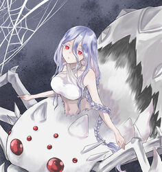  absurdres albino arachne arthropod_girl arthropod_limbs bandeau bare_shoulders braid breasts closed_mouth collarbone commentary extra_eyes female hair_between_eyes halterneck highres kumo_desu_ga_nani_ka? kumoko_(kumo_desu_ga_nani_ka?) large_breasts long_bangs long_braid long_hair looking_at_viewer midriff monster_girl navel red_eyes sidelocks silk single_braid solo spider_girl spider_web spoilers standing taur uma_(zoe-182420) very_long_hair white_bandeau white_hair 