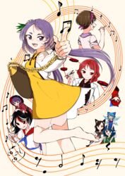  6+girls absurdres animal_ears barefoot biwa_lute black_hair blue_dress blue_eyes blue_hair bow bowl bowl_hat brooch brown_eyes brown_hair calligraphy_brush cirno cone_horns double_dealing_character dress drum drumsticks fins green_kimono hairband hairbow hat head_fins henohenomoheji highres horikawa_raiko horns ice ice_wings imaizumi_kagerou instrument jacket japanese_clothes jewelry kaisenpurin kijin_seija kimono long_hair lute_(instrument) medium_hair mermaid mini_person minigirl mitsudomoe_(shape) monster_girl multicolored_hair multiple_girls music musical_note necktie open_mouth paintbrush plaid plaid_shirt purple_eyes purple_hair purple_necktie red_eyes red_hair red_kimono sekibanki shirt short_hair small_horns smile spinning streaked_hair suit_jacket sukuna_shinmyoumaru tomoe_(symbol) touhou tsukumo_benben tsukumo_yatsuhashi upside-down wakasagihime wavy_hair white_dress white_hair white_horns wings wolf_ears wolf_girl 