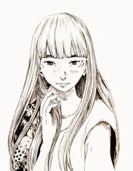  ballpoint_pen_(medium) female graphite_(medium) greyscale highres long_hair looking_at_viewer monochrome nearldy24 oyasumi_punpun short_sleeves solo tanaka_aiko traditional_media upper_body white_background 