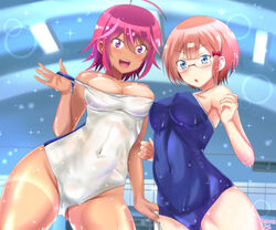  2girls bare_shoulders blue_eyes blush bokutachi_wa_benkyou_ga_dekinai commentary_request dated glasses hair_between_eyes hair_ribbon looking_at_viewer multiple_girls ogata_rizu open_mouth orange_hair purple_eyes red_hair ribbon samenoido shiny_skin short_hair sparkle swimsuit takemoto_uruka 