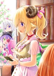  5girls against_window ahoge amane_kanata blonde_hair bracelet cafe dress flower hat highres himemori_luna holoforce hololive horns jewelry kiryu_coco multiple_girls notepad official_alternate_costume purple_eyes see-through see-through_sleeves sheep_horns side_ponytail tarunyan tokoyami_towa tokoyami_towa_(1st_costume) tsunomaki_watame tsunomaki_watame_(street_casual) virtual_youtuber 