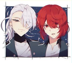  2boys bishounen_series closed_mouth elulit2 eyes_visible_through_hair fukuroi_mitsuru grey_eyes hair_over_one_eye highres looking_at_viewer male_focus multiple_boys open_mouth ponytail red_eyes red_hair sakiguchi_nagahiro school_uniform short_hair turtleneck upper_body white_hair yubiwa_high_school_uniform 