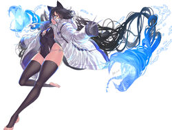  ayaki barefoot black_hair black_thighhighs blue_eyes breasts character_request coat commentary_request copyright_request covered_navel female full_body highres long_hair long_legs long_sleeves looking_to_the_side panties parted_lips scissors sharp_teeth side-tie_panties signature simple_background small_breasts snake solo teeth thighhighs toeless_legwear tongue tongue_out underwear white_background white_coat white_panties winter_clothes winter_coat 