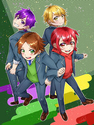  4boys aho_no_sakata blonde_hair brown_hair green_eyes hatoka_ra5 highres hood hoodie male_focus multiple_boys official_style open_mouth purple_hair red_eyes red_hair senra_(utaite) shima_(utaite) shirt simple_background smile urashimasakatasen uratanuki utaite 