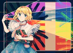  alice_margatroid ascot blonde_hair blue_dress blue_eyes book capelet capelet_lift commentary_request dress female frilled_ascot frills geometric_pattern grimoire_of_alice hairband hand_up hands holding holding_book itomugi-kun keyhole light_smile looking_at_viewer puffy_short_sleeves puffy_sleeves rainbow_order red_ascot red_hairband short_hair short_sleeves solo touhou wavy_hair white_capelet 