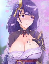  armor blush braid breasts bridal_gauntlets cherry_blossoms cleavage closed_mouth falling_petals female flower genshin_impact hair_ornament hand_on_own_chest highres japanese_clothes kimono large_breasts long_hair mitsudomoe_(shape) mole mole_under_eye obi obiage obijime petals purple_eyes purple_flower purple_hair purple_nails raiden_shogun ribbon sash shoulder_armor sleeptopi solo tomoe_(symbol) 