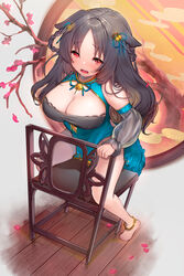  animal_ears anklet azur_lane barefoot bell black_hair blue_dress blush branch breasts cat_ears chair chinese_clothes cleavage detached_sleeves dress female forehead framed_breasts from_above highres indoors jewelry jingle_bell kelly_0w0 large_breasts long_hair looking_at_viewer looking_up official_alternate_costume ooshio_(azur_lane) ooshio_(bringer_of_fortunes)_(azur_lane) open_mouth petals red_eyes seiza sitting smile solo tree wooden_floor 