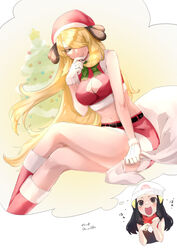  2girls absurdres bare_arms beanie blonde_hair boots breasts christmas cleavage_cutout clothing_cutout crop_top crossed_legs cynthia_(pokemon) dawn_(pokemon) gloves hair_over_one_eye hat highres imagining ka_ei_volltis knee_boots large_breasts long_hair merry_christmas midriff miniskirt multiple_girls navel pokemon pokemon_dppt santa_boots santa_costume santa_hat shirt sitting skirt sleeveless sleeveless_shirt thighs thought_bubble very_long_hair white_gloves yuri 