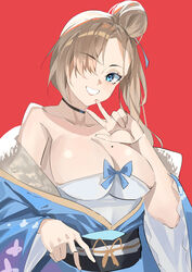  absurdres alternate_costume asuna_(blue_archive) asymmetrical_bangs bare_shoulders black_sash blue_archive blue_eyes blue_kimono breasts brown_hair cleavage collarbone commentary_request female grin hair_bun hair_over_one_eye hand_up highres japanese_clothes kimono large_breasts long_bangs long_hair looking_at_viewer obi off_shoulder one_eye_covered red_background sash simple_background smile solo soranoki upper_body 