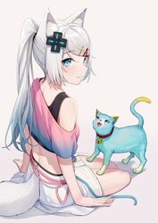  animal animal_ear_fluff animal_ears bare_shoulders blue_eyes crop_top d-pad d-pad_hair_ornament feline female fox_ears fox_girl fox_tail from_side gradient_clothes gradient_hair hair_ornament hairclip highres illian-san lanmewko long_hair looking_at_viewer looking_to_the_side meridian_project midriff miniskirt mizuki_(vtuber) multicolored_hair off_shoulder parted_lips pink_shirt ponytail shirt short_sleeves sitting skirt smile solo swept_bangs tail tail_through_clothes tank_top thighs tied_shirt undershirt virtual_youtuber white_hair white_skirt 