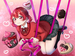  aho_no_sakata candy chocolate cupcake female food hatoka_ra5 heart heart-shaped_chocolate highres red_eyes red_hair ribbon sakako_(aho_no_sakata) shirt urashimasakatasen utaite valentine 