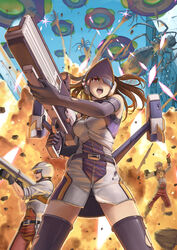  2boys belt breasts brown_hair earth_defense_force earth_defense_force_2 explosion female firing gloves gun helmet holding large_breasts long_hair multiple_boys open_mouth pale_wing ranger_(edf) red_eyes rifle tantaka thighhighs visor weapon zettai_ryouiki 