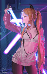  absurdres adella_(some_some_convenience_store) bad_id bad_pixiv_id blonde_hair bra breasts breasts_apart chanism! contrapposto cowboy_shot drill_hair drill_sidelocks female forehead highres jacket long_hair medium_breasts navel night open_clothes open_jacket open_mouth outdoors pantyhose pink_eyes ponytail profile shiny_clothes sidelocks solo some_some_convenience_store underwear v very_long_hair 