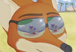  anothercolouranon anthro beach bikini canid canine clothing disney duo eyewear female fox glasses hi_res judy_hopps lagomorph leporid male mammal nick_wilde palm_tree plant rabbit red_fox sand sea seaside sunglasses swimwear tree true_fox water zootopia 