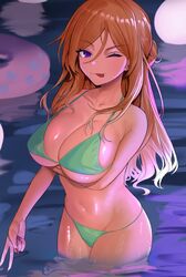  ;p bikini blush breasts cleavage collarbone commission dark-skinned_female dark_skin female hair_between_eyes hair_bun huug idolmaster idolmaster_shiny_colors innertube izumi_mei large_breasts long_hair looking_at_viewer navel one_eye_closed pool purple_eyes reflection reflective_water refraction single_side_bun skeb_commission smile solo string_bikini swim_ring swimsuit tongue tongue_out underboob v very_long_hair wading 