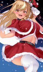  absurdres bad_id bad_pixiv_id bell belt blonde_hair blush breasts choker christmas commentary cowboy_shot dark-skinned_female dark_elf dark_skin elf female from_below fur_trim hair_between_eyes hat highres hololive kurogane_tekki large_breasts long_hair looking_at_viewer midriff multicolored_hair navel neck_bell night night_sky open_mouth orange_eyes pointy_ears sack santa_costume santa_hat shiranui_flare skirt sky smile snowing solo streaked_hair thighhighs virtual_youtuber white_thighhighs zettai_ryouiki 