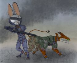  ambiguous_gender anothercolouranon anthro armor bandage canid canine cybernetics cyborg disney duo feral fox hi_res judy_hopps konami lagomorph leporid machine mammal melee_weapon metal_gear metal_gear_rising:_revengeance nick_wilde platinumgames rabbit robot sword weapon zootopia 