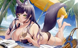  animal_ear_fluff animal_ears ass bare_arms bare_shoulders barefoot beach beach_mat bikini black_choker black_hair book breasts choker cleavage cup day drinking_glass feet female fox_ears fox_girl fox_tail green_eyes head_rest highres holding illian-san large_breasts legs long_hair looking_at_viewer lying meridian_project mole mole_on_breast nail_polish on_stomach outdoors parted_lips seki_(vtuber) soles solo string_bikini sunlight swept_bangs swimsuit tail the_pose thigh_strap thighs toes two-tone_bikini virtual_youtuber wine_glass 