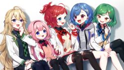  5girls :d ahoge asahina_akane_(1st_costume)_(nijisanji) asahina_akane_(nijisanji) bad_id bad_pixiv_id black_legwear black_shirt black_skirt blazer blonde_hair blue_bow blue_eyes blue_hair blush bow brown_cardigan brown_eyes cardigan collared_shirt commentary_request dolphin_hair_ornament drawstring dutch_angle garter_straps green_hair green_neckwear grey_hoodie hair_between_eyes hair_ornament hairclip hand_up hood hood_down hoodie index_finger_raised jacket kitakoji_hisui kitakoji_hisui_(1st_costume) long_hair long_sleeves multiple_girls necktie nijisanji nishizono_chigusa nishizono_chigusa_(1st_costume) oerba_yun_fang open_clothes open_jacket open_mouth pink_hair plaid plaid_bow plaid_neckwear pleated_skirt ponytail purple_bow purple_eyes red_bow red_hair school_uniform selene_girls_school_(nijisanji) selene_girls_school_uniform sharp_teeth shirt sitting skirt sleeves_past_wrists smile suo_sango suo_sango_(1st_costume) sweater_vest swept_bangs teeth thighhighs todo_kohaku todo_kohaku_(1st_costume) very_long_hair virtual_youtuber white_jacket yamabukiiro 