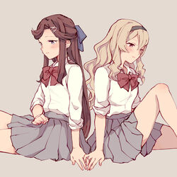  2girls back-to-back black_hairband blonde_hair blue_bow blush bow bowtie brown_hair closed_mouth collared_shirt commentary_request dress_shirt from_side grey_background grey_skirt hair_between_eyes hair_ornament hairband hairbow half_updo holding_hands interlocked_fingers knee_up light_smile long_hair looking_away miniskirt multiple_girls parted_bangs pleated_skirt purple_eyes red_bow red_bowtie red_eyes saijou_claudine school_uniform seishou_music_academy_uniform shirt shirt_tucked_in shoujo_kageki_revue_starlight sidelocks simple_background sitting skirt sleeves_past_elbows sleeves_pushed_up sleeves_rolled_up tendou_maya very_long_hair wato_(ko) wavy_hair white_shirt x_hair_ornament yuri 