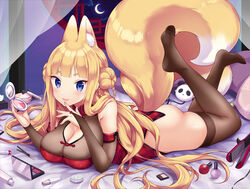  animal_ear_fluff animal_ears ass blonde_hair blue_eyes blush braid breasts bridal_gauntlets brown_thighhighs china_dress chinese_clothes cleavage cleavage_cutout clothing_cutout commentary_request crescent_moon double_bun dress female fox_ears fox_girl fox_tail full_body hair_bun indoors large_breasts lips long_hair looking_at_viewer lying makeup miyano_ururu moon night no_shoes on_stomach original short_eyebrows smile solo tail the_pose thighhighs very_long_hair 