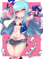  :o air_bubble arm_up bikini bikini_under_clothes black_bikini black_shorts black_socks blue_hair blue_jacket blunt_bangs blunt_ends blush border breasts bubble commentary dapple_dualies_(splatoon) dolphin_shorts dual_wielding female half-closed_eyes highres holding holding_weapon inkling inkling_girl inkling_player_character jacket jacket_on_shoulders long_hair looking_at_viewer navel open_mouth outside_border penguin_maru_(penginmaru) pink_background pointy_ears purple_eyes short_shorts shorts side-tie_bikini_bottom small_breasts socks solo splatoon_(series) standing string_bikini swimsuit tentacle_hair weapon white_border 