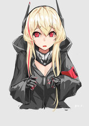  absurdres artist_name black_jacket black_scarf blonde_hair breasts cropped_torso female girls&#039;_frontline headphones highres hood hood_down hooded_jacket jacket light_blush long_hair long_sleeves looking_at_viewer m4_sopmod_ii_(girls&#039;_frontline) mechanical_arms multicolored_hair oerba_yun_fang open_mouth red_eyes scarf solo ss-7 streaked_hair upper_body white_background 