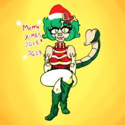  1:1 2018 accessory animal_humanoid arachnid arachnid_humanoid arthropod arthropod_humanoid belt boots bow_(feature) chelicerae christmas christmas_clothing christmas_headwear clothed clothing crossed_legs curvy_figure digital_media_(artwork) dress faded fan_character female festive footwear gloves green_eyes green_hair hair handwear hat headgear headwear heart_symbol hi_res holidays humanoid jgdraws_(artist) leg_warmers leggings legwear looking_at_viewer lussi_vyes multi_eye santa_hat scorpion_humanoid scorpion_tail short_stack sleeveless_dress smile solo stripes thick_thighs 