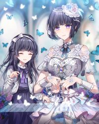  2girls ^_^ aged_down bang_dream! black_dress black_hair blue_butterfly blue_flower blue_neckwear blue_rose bow bowtie brooch bug butterfly closed_eyes clothing_cutout commentary_request dress dual_persona earrings flower frilled_sleeves frills gem grey_jacket hair_bun hair_ribbon half_updo instrument jacket jewelry lolicon long_hair long_sleeves multiple_girls music neck_ribbon nennen pearl_(gemstone) piano_keys piano_print playing_instrument purple_bow purple_bowtie purple_eyes purple_flower purple_rose ribbon rose shirokane_rinko short_sleeves shoulder_cutout single_side_bun smile time_paradox white_flower white_ribbon white_rose wrist_cuffs 