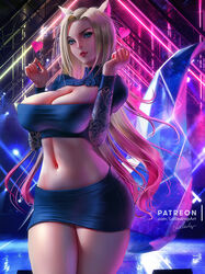  ahri_(league_of_legends) animal_ears arm_tattoo blonde_hair blue_eyes blue_eyeshadow blue_skirt breasts cleavage_cutout clothing_cutout commentary covered_nipples cowboy_shot crop_top curvy english_commentary eyeshadow female heart k/da_(league_of_legends) large_breasts league_of_legends light lolliedrop long_hair looking_away makeup midriff miniskirt navel parted_lips red_lips sakimichan_(style) signature skirt solo tattoo the_baddest_ahri thick_thighs thighs very_long_hair watermark web_address 