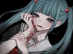  0mdjn0 aegyo_sal anazawa_nijimi blood blood_on_clothes blood_on_face blood_on_hands blue_eyes blue_hair blunt_bangs blush bow bowtie fangs female hair_bobbles hair_ornament hand_on_own_cheek hand_on_own_face hand_up heart heart_in_eye highres holding_own_arm long_hair looking_at_viewer mahou_shoujo_site open_mouth school_uniform serafuku short_sleeves slit_pupils smile solo symbol_in_eye translation_request twintails 