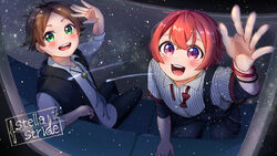  2boys aho_no_sakata brown_hair cable_car green_eyes hatoka_ra5 highres male_focus multiple_boys red_eyes red_hair shirt smile star_(sky) urashimasakatasen uratanuki utaite 