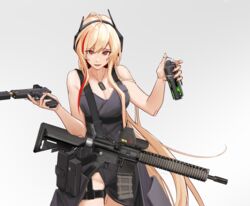  absurdres alternate_costume assault_rifle black_dress blonde_hair breasts cleavage collarbone cowboy_shot dress explosive fangs female girls&#039;_frontline glock grenade gun handgun headphones highres holding holding_gun holding_weapon jewelry long_hair looking_at_viewer m4_carbine m4_sopmod_ii m4_sopmod_ii_(girls&#039;_frontline) medallion medium_breasts multicolored_hair nail_polish necklace open_mouth pink_nails red_eyes rifle smile solo ss-7 standing streaked_hair very_long_hair weapon white_background 