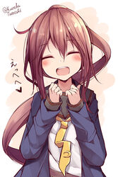  black_sailor_collar blue_jacket brown_hair closed_eyes commentary_request crescent crescent_pin facing_viewer female fumizuki_(kancolle) fumizuki_kai_ni_(kancolle) highres jacket kantai_collection long_hair necktie ponytail sailor_collar school_uniform serafuku shirt smile solo tateishi_kureha twitter_username white_shirt yellow_necktie 