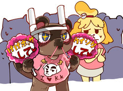  accessory animal_crossing blue_eyes blush brown_body brown_fur canid canine canis clothing domestic_dog embarrassed fanboy fur group headband hi_res humor isabelle_(animal_crossing) k.k._slider male mammal nintendo otaku paper_fan penlight raccoon_dog shandrawaka shirt t-shirt tanuki tom_nook_(animal_crossing) topwear 