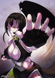  black_hair breasts brown_eyes cleavage colored_skin commentary criss-cross_halter english_commentary female fighting_stance fingerless_gloves gloves grey_skin hair_between_eyes halterneck high_ponytail kunai_zenow large_breasts long_hair monster_girl monster_musume_no_oisha-san muscular muscular_female open_mouth orphen_(pink_seito) patchwork_skin ponytail scar scar_on_face scar_on_nose stitches twitter_username zombie 