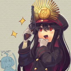  ... 2girls :d black_hair boa_(brianoa) buttons commentary english_commentary english_text fate/grand_order fate_(series) gloves gun hair_between_eyes hand_on_own_chin handgun hands_up hat highres holding holding_gun holding_weapon jitome katana koha-ace long_hair long_sleeves mixed-language_commentary multiple_girls oda_nobunaga_(fate) oda_nobunaga_(koha-ace) oda_uri okita_souji_(fate) okita_souji_(koha-ace) open_mouth peaked_cap red_eyes revolver seigaiha sidelocks sleeve_cuffs smile sparkle sword trigger_discipline twitter_username v-shaped_eyebrows watermark weapon webley_revolver white_gloves 