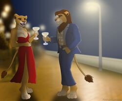  2022 6:5 anthro barefoot beverage brown_hair clothed clothing dated digital_media_(artwork) dress duo evening feet felid female hair hi_res hindpaw holding_beverage holding_object lion male mammal mood night outside pantherine paws rahir_(artist) romantic scenery suit 