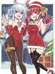  2girls absurdres alternate_costume animal_ears bad_id bad_pixiv_id bare_shoulders bell black_pantyhose black_thighhighs blue_hair blunt_bangs blush braid breasts bridal_garter cameltoe choker christmas christmas_tree cleavage collarbone commentary_request covered_navel covered_nipples curvy detached_sleeves dress feet_out_of_frame fur_trim garter_straps gift hair_between_eyes hat heterochromia high_heels highres hololive houshou_marine large_breasts leg_up leotard long_hair looking_at_viewer moto_toshi multicolored_hair multiple_girls neck_bell night night_sky oerba_yun_fang open_mouth orange_eyes outside_border palms_together pantyhose playboy_bunny rabbit_ears red_eyes red_hair santa_costume santa_hat skin_fang sky small_breasts smile thigh_strap thighhighs thighs twin_braids twintails two-tone_hair usada_pekora v very_long_hair virtual_youtuber waving white_hair yellow_eyes zettai_ryouiki 