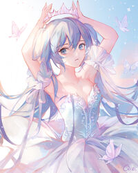  alternate_costume arms_up artist_name bad_id bad_pixiv_id blue_dress blue_eyes blue_hair blue_sky bug butterfly collarbone commentary cowboy_shot crown day detached_sleeves dress eyebrows_hidden_by_hair female flat_chest hatsune_miku highres light long_hair looking_at_viewer outdoors parted_lips qie short_sleeves sky smile solo strapless strapless_dress sunlight twintails very_long_hair vocaloid 