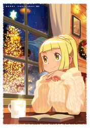  alternate_costume blonde_hair book border christmas christmas_tree closed_mouth commentary_request cup curtains eyelashes female green_eyes hands_up high_ponytail highres indoors ishikawa_hideki lillie_(pokemon) long_sleeves mug night own_hands_together pokemon pokemon_sm revision sky smile solo star_(sky) steam sweater table white_border window wooden_wall wreath yellow_sweater 