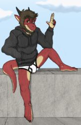  absurd_res anthro barefoot beard black_clothing black_hoodie black_topwear body_hair bottomwear briefs brown_eyes brown_hair bulge chest_hair clothed clothing dragon dragonborn_(dnd) drawyourfursona dungeons_and_dragons facial_hair feet full-length_portrait hair hasbro hi_res hoodie hoodie/briefs_meme humanoid_feet humanoid_hands male maty_the_dragon_(character) matydraws_(artist) meme meme_clothing mythological_creature mythological_scalie mythology plantigrade portrait scalie sky solo tail topwear underwear white_clothing white_underwear wizards_of_the_coast 