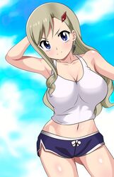  absurdres bare_shoulders blonde_hair blue_eyes blue_sky breasts cleavage crop_top day eden&#039;s_zero female hair_ornament highres kiniro_tofu midriff navel rebecca_bluegarden short_shorts shorts sky tank_top 