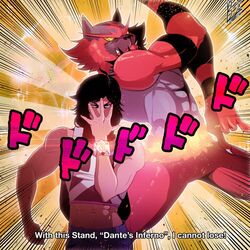  1boy \m/ abs black_hair bracer character_request colored_sclera commentary crop_top dodododo emphasis_lines english_commentary english_text fabulous hand_over_face highres incineroar jojo_no_kimyou_na_bouken jojo_pose killer_queen&#039;s_pose_(jojo) long_eyebrows male_focus midriff muscular muscular_male nyantcha parody pokemon pokemon_(creature) pose red_fur sleeveless snout sound_effects stand_(jojo) subtitled tusks yellow_sclera 