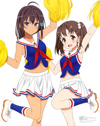  2girls :d absurdres ahoge bare_arms blue_bow blue_shirt blush bow braid brown_hair cheerleader closed_mouth collared_shirt flower hair_flower hair_ornament hairbow high_school_fleet highres kneehighs long_hair looking_at_viewer midriff miniskirt multiple_girls navel open_mouth pleated_skirt pom_pom_(cheerleading) purple_eyes red_eyes sailor_collar sailor_shirt shiretoko_rin shirt single_braid skirt sleeveless sleeveless_shirt smile socks standing standing_on_one_leg stomach twintails uchida_mayumi white_background white_flower white_footwear white_sailor_collar white_skirt 